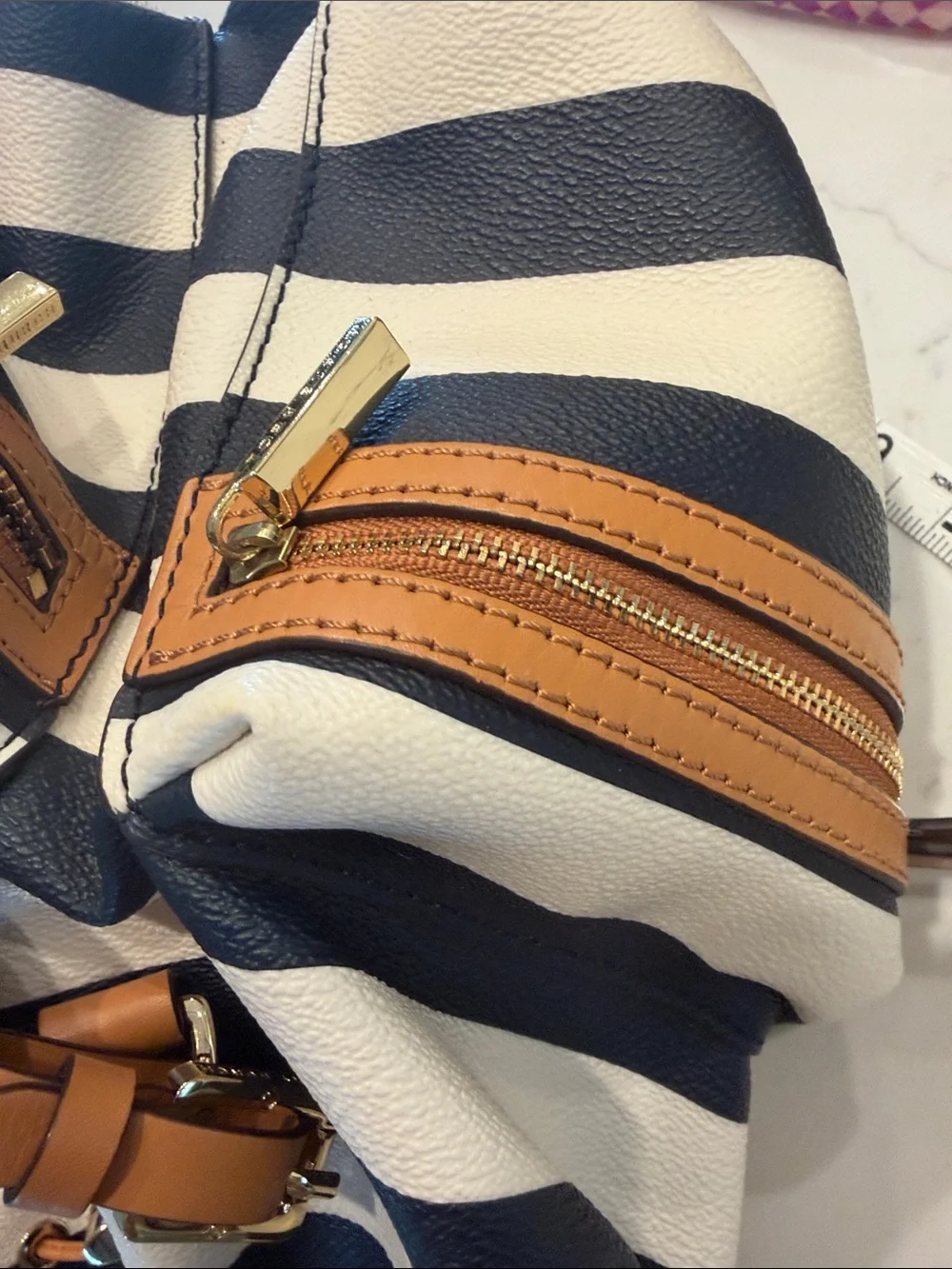 Tory Burch Navy and White Striped Canvas Backpack with Tan Leather Flap